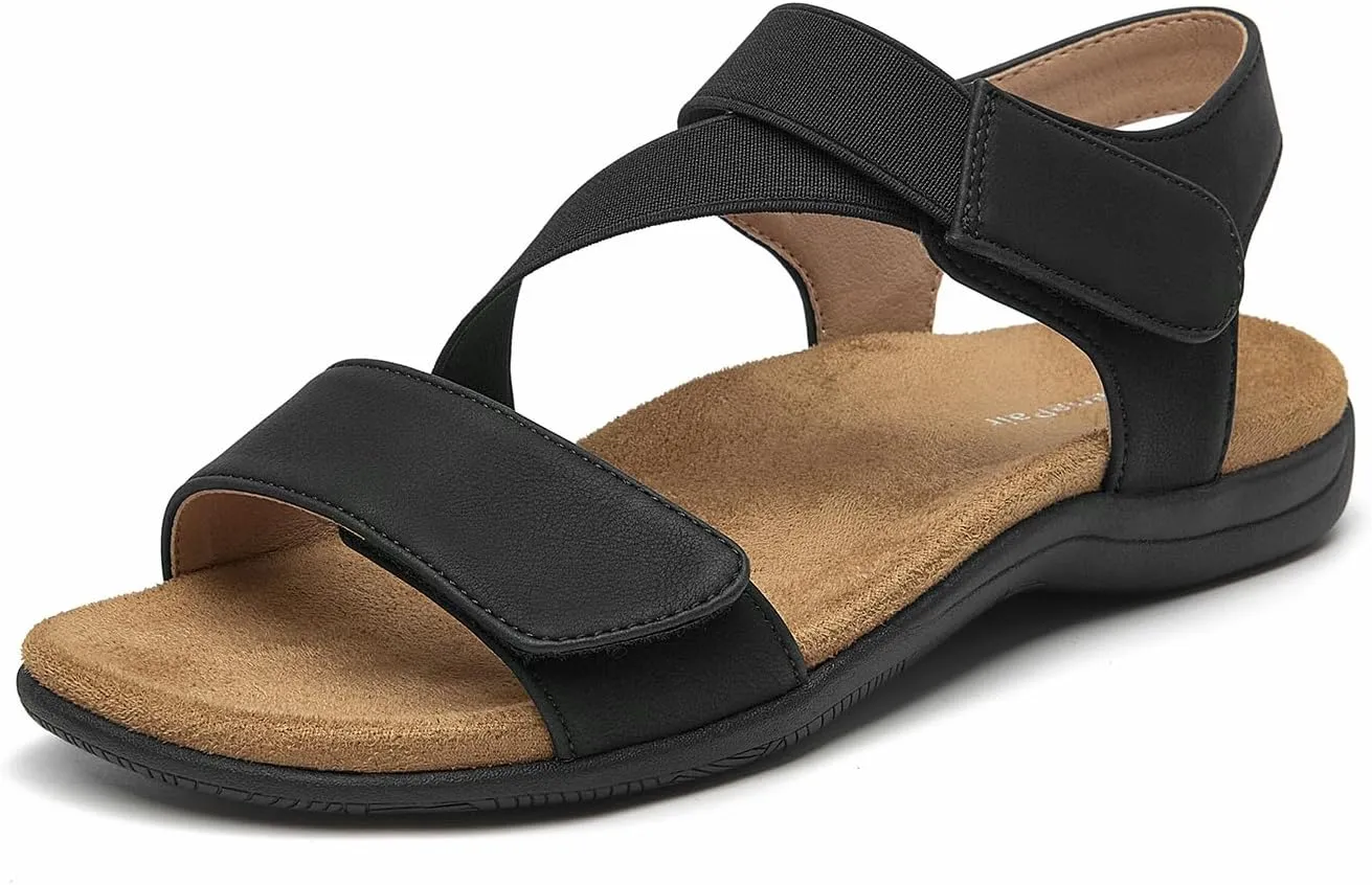 SelenePair Women's Arch Support Walking Flat Sandals Comfort Orthotic Slides With Hook And Loop Fasteners