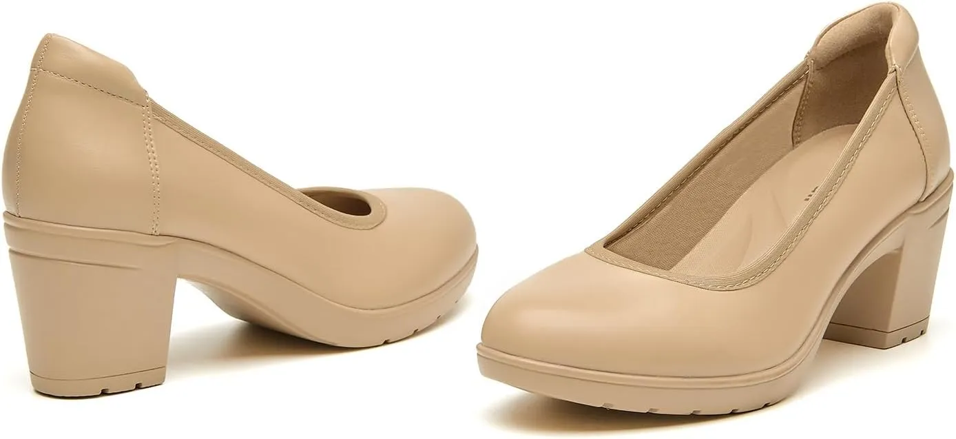 SelenePair Women's Chunky Low Block Heels Work Pumps Ladies Closed Round Toe Slip On Dress Wedding Shoe
