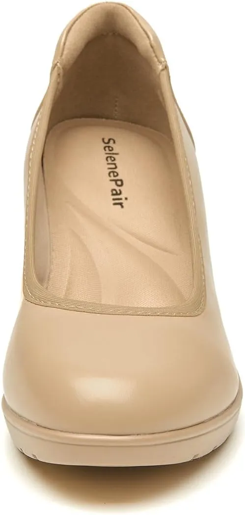SelenePair Women's Chunky Low Block Heels Work Pumps Ladies Closed Round Toe Slip On Dress Wedding Shoe