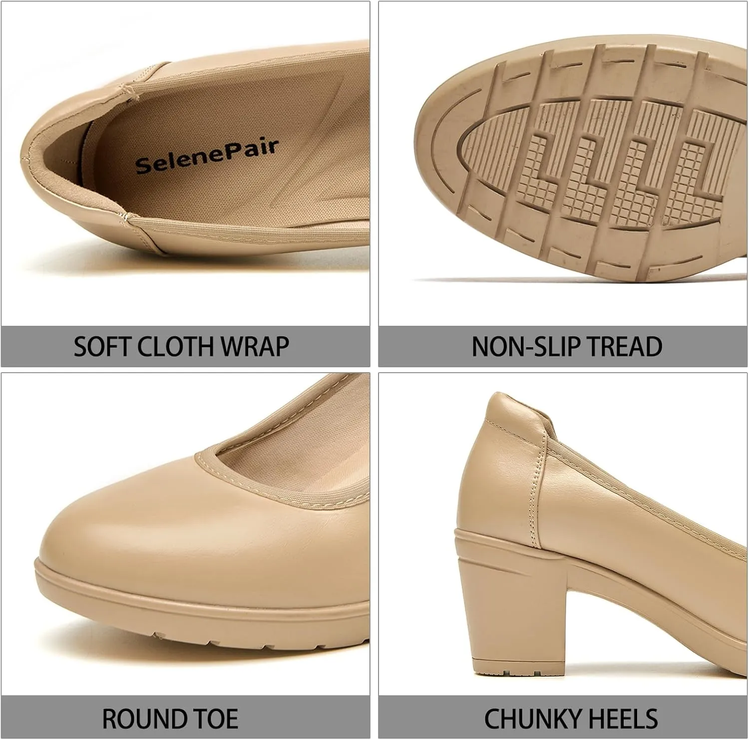 SelenePair Women's Chunky Low Block Heels Work Pumps Ladies Closed Round Toe Slip On Dress Wedding Shoe