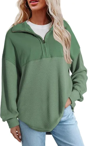SHEWIN Womens Sweatshirt Casual Waffle Knit Half Zip Pullover Loose Long Sleeve Tops Fall Outfit Clothes 2025