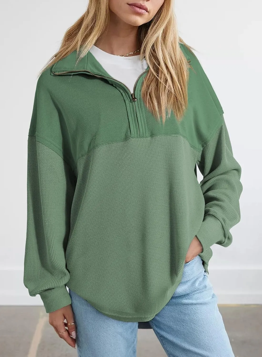 SHEWIN Womens Sweatshirt Casual Waffle Knit Half Zip Pullover Loose Long Sleeve Tops Fall Outfit Clothes 2025