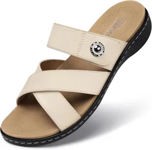 SHIBEVER Women Slides Summer Sandals: Arch Support, Comfort Walking, Adjustable Strap, Open Toe Flat Sandals Size 5-11