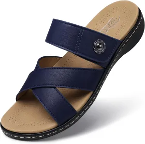 SHIBEVER Women Slides Summer Sandals: Arch Support, Comfort Walking, Adjustable Strap, Open Toe Flat Sandals Size 5-11