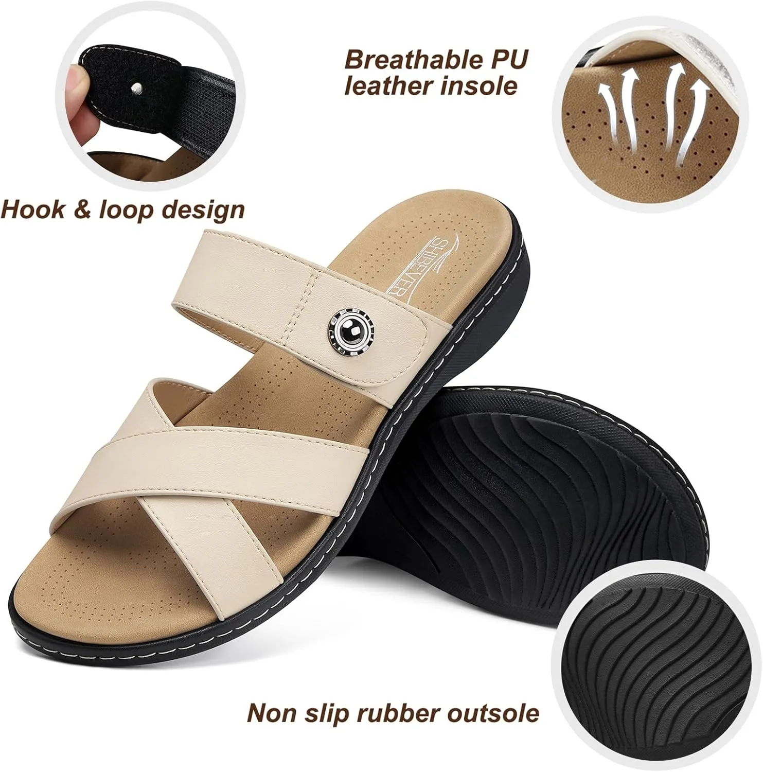 SHIBEVER Women Slides Summer Sandals: Arch Support, Comfort Walking, Adjustable Strap, Open Toe Flat Sandals Size 5-11