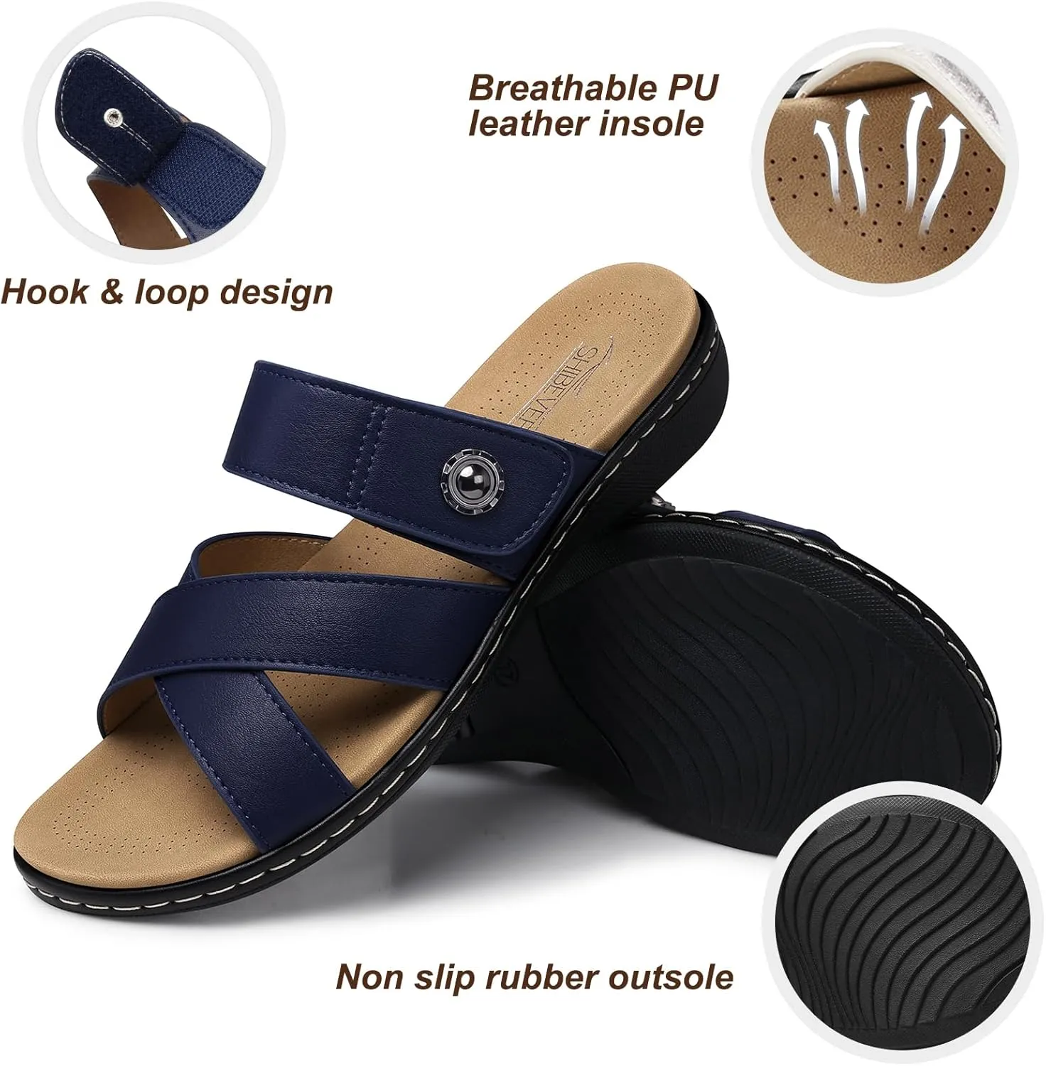 SHIBEVER Women Slides Summer Sandals: Arch Support, Comfort Walking, Adjustable Strap, Open Toe Flat Sandals Size 5-11