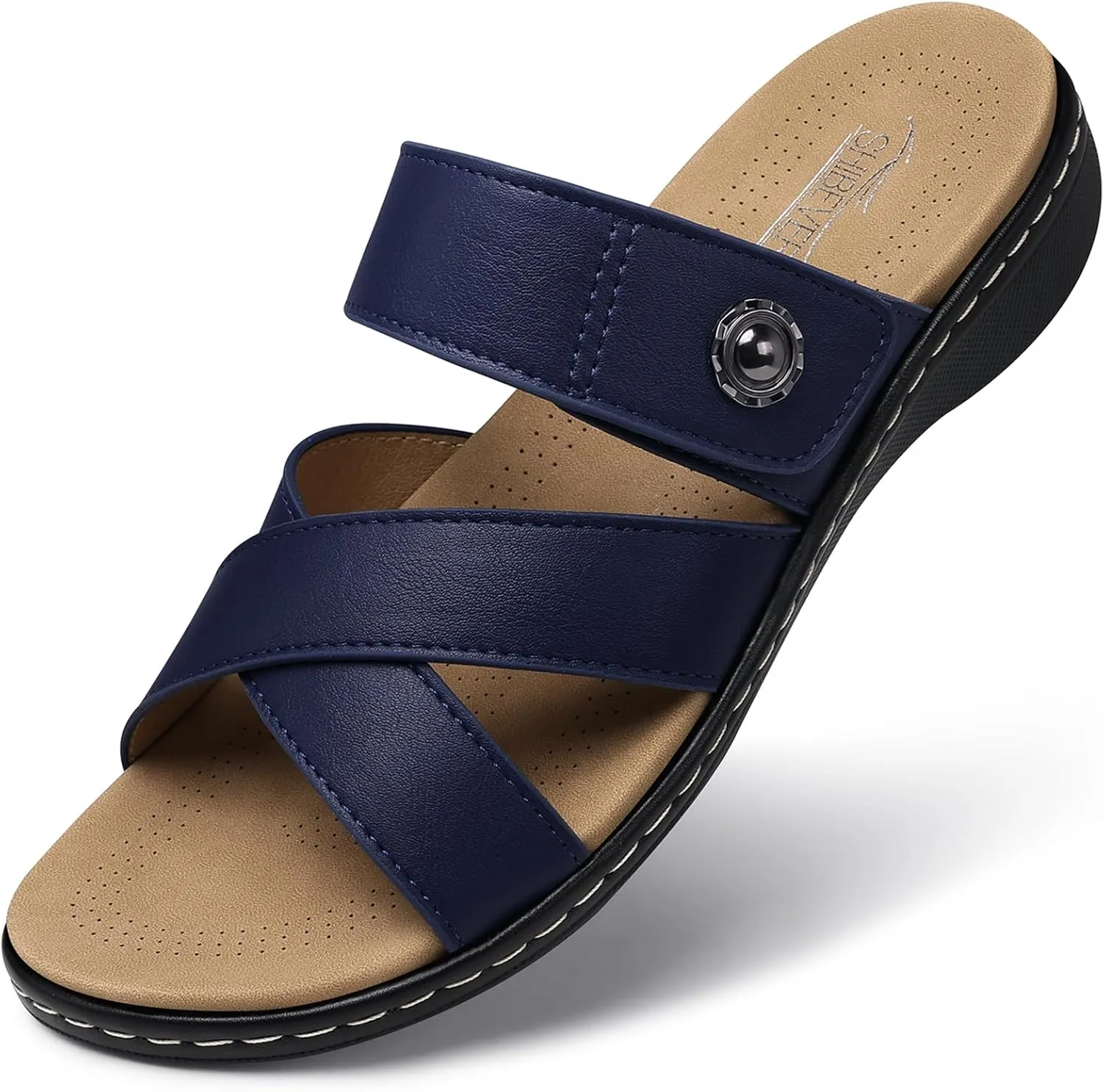 SHIBEVER Women Slides Summer Sandals: Arch Support, Comfort Walking, Adjustable Strap, Open Toe Flat Sandals Size 5-11