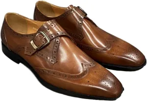 Single Season Dress Shoes for Men Slip On Monk Strap Brogue Embossed Wing-tip Square Toe Cowhide Anti-Slip Block Heel Rubber Sole Low Top Working Very Popular Among Young People (Color : Brown