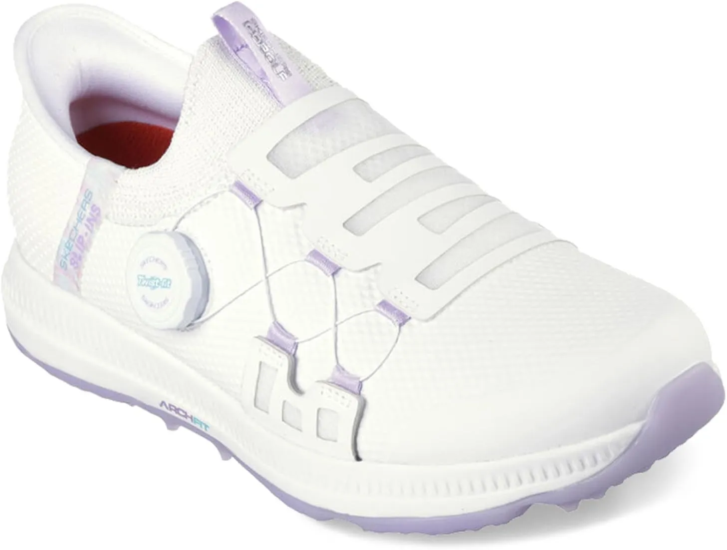 Skechers Women's Go Elite 5 Arch Fit Waterproof Slip in Golf Shoe Sneaker, White/Lavender, 8