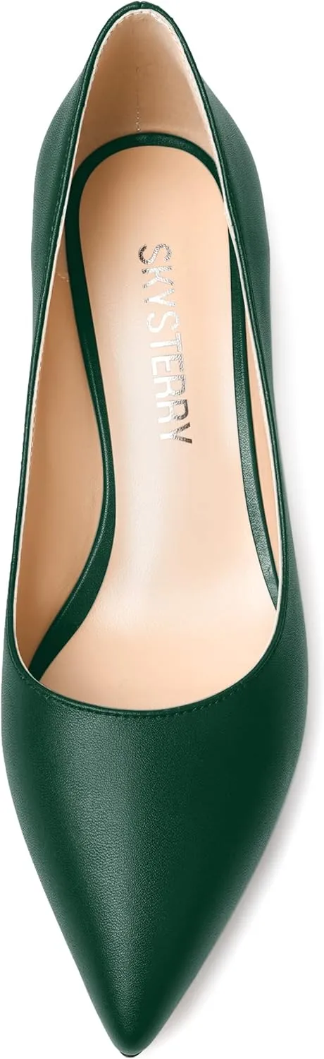 SKYSTERRY Womens Evening Slip On Fashion Pointed Toe Matte Spool Low Heel Pumps Shoes 2 Inch