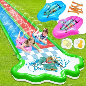Slip and Water Slide with 2 Bodyboards-Slip Slides 20ft Heavy Duty Double Lawn Water Slides,Sturdy Summer Slip Waterslide Water Toy with Sprinkler for Kids Toddlers Outdoor Backyard Beach Summer Party