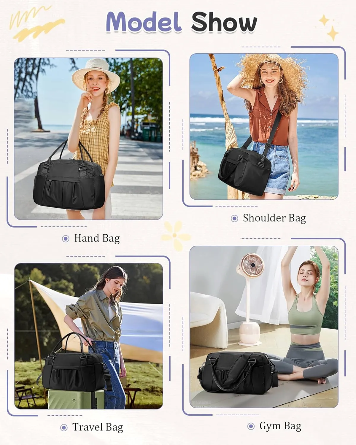 Small Black Gym Duffle Bag for Women Men with Shoe Compartment, Mini Cute Weekender Handbag Carry on Travel Bag for Airplane, Water Resistant Sports Yoga Tote Bag with Dry Wet Separated Pocket.