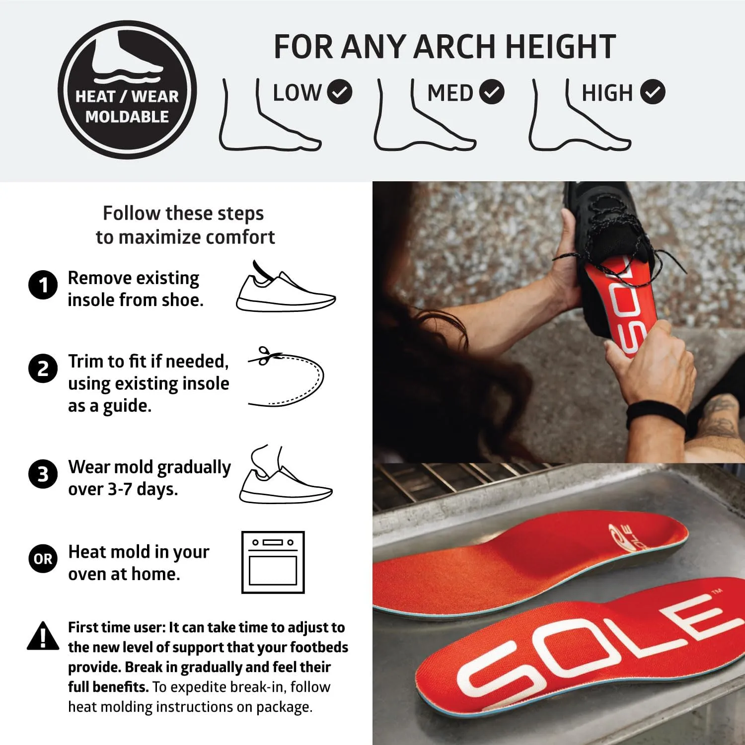 SOLE Active Medium - Plantar Fasciitis Relief Arch Support Insoles - Orthotic Shoe Inserts - Men's Size 14/Women's Size 16