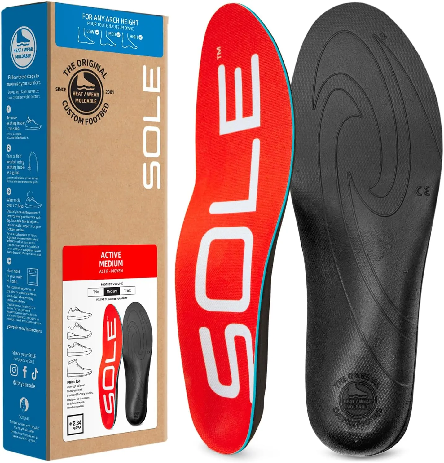 SOLE Active Medium - Plantar Fasciitis Relief Arch Support Insoles - Orthotic Shoe Inserts - Men's Size 14/Women's Size 16