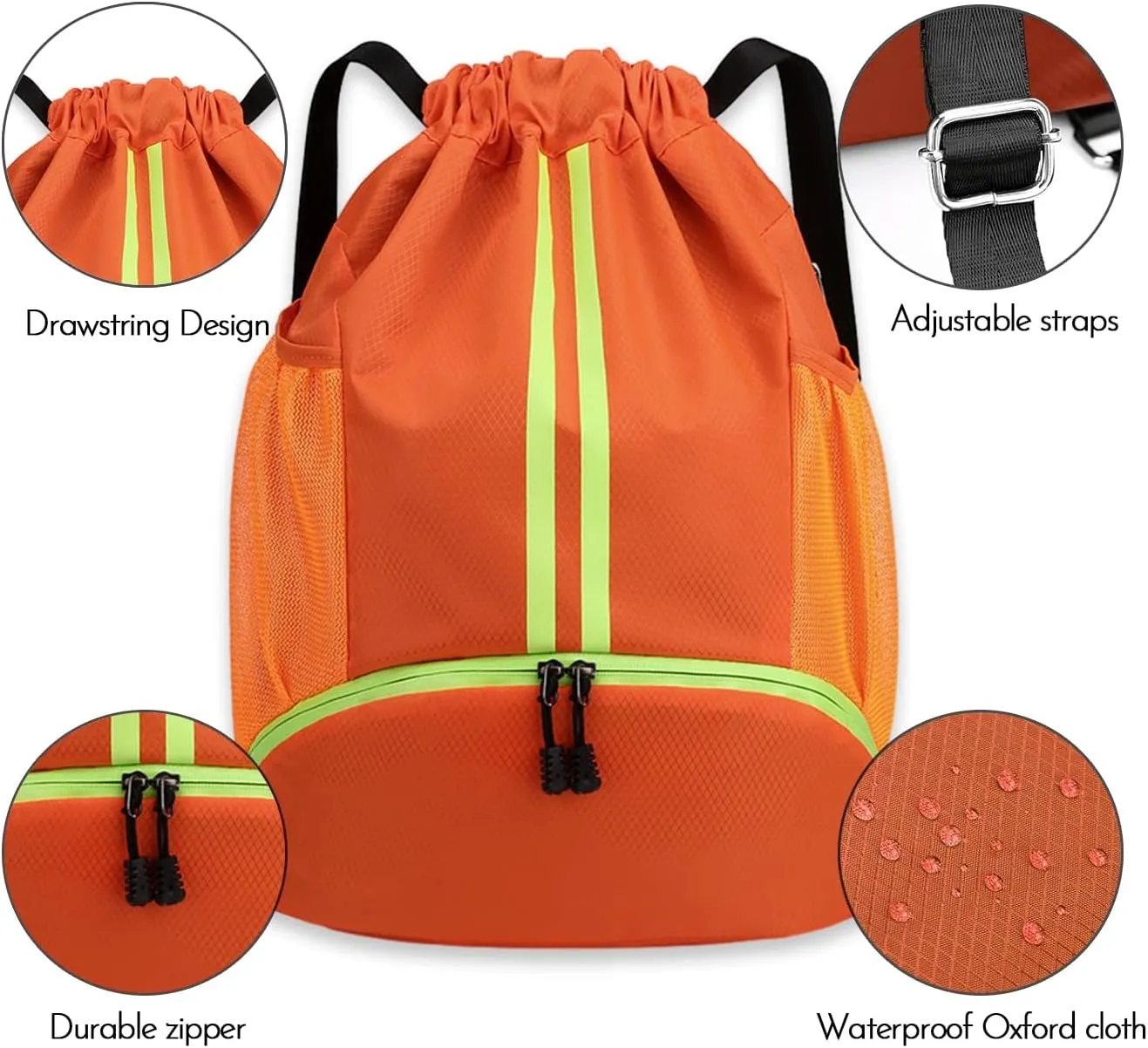Sports Gym Drawstring Backpack with Shoe Compartment, Waterproof Pocket & Water Bottle Holder for Men and Women (Orange)