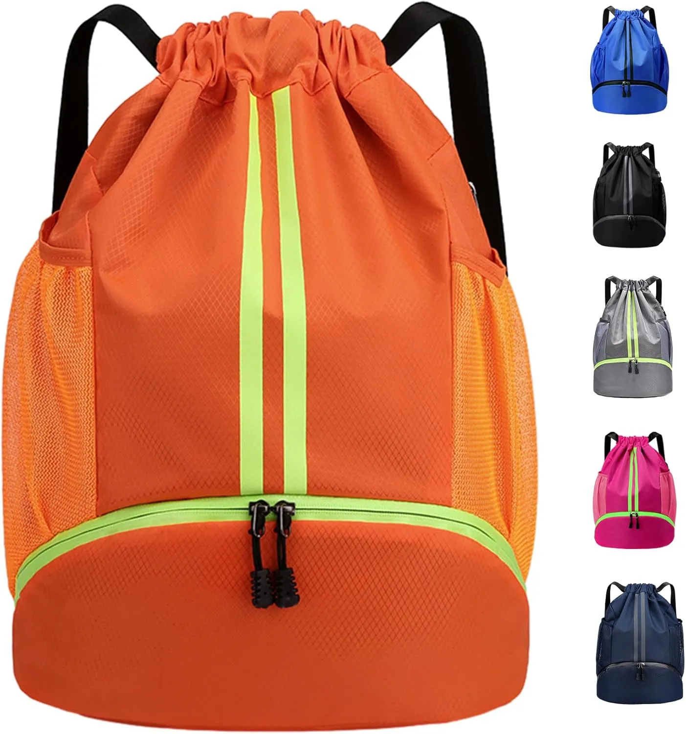 Sports Gym Drawstring Backpack with Shoe Compartment, Waterproof Pocket & Water Bottle Holder for Men and Women (Orange)