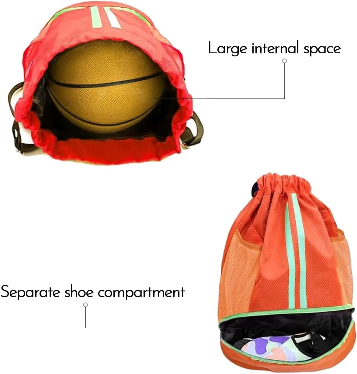 Sports Gym Drawstring Backpack with Shoe Compartment, Waterproof Pocket & Water Bottle Holder for Men and Women (Orange)