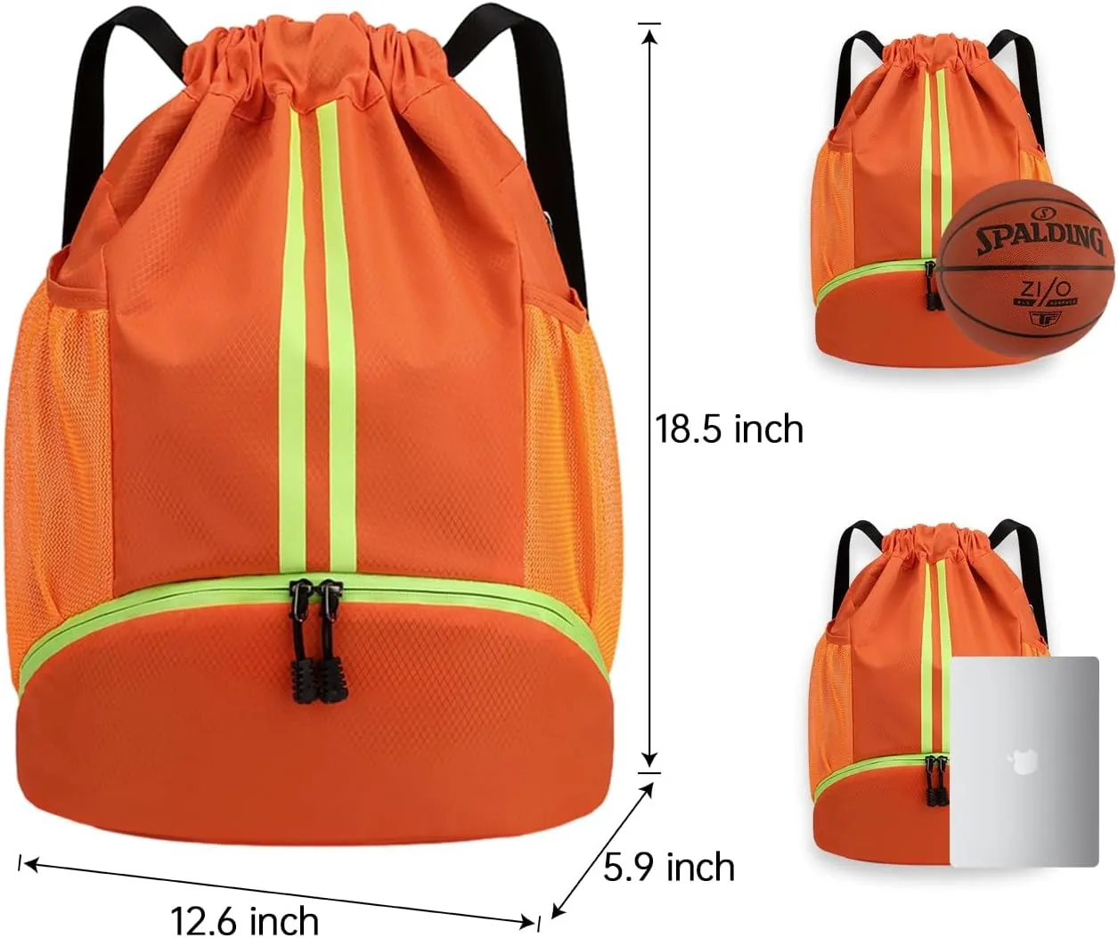 Sports Gym Drawstring Backpack with Shoe Compartment, Waterproof Pocket & Water Bottle Holder for Men and Women (Orange)
