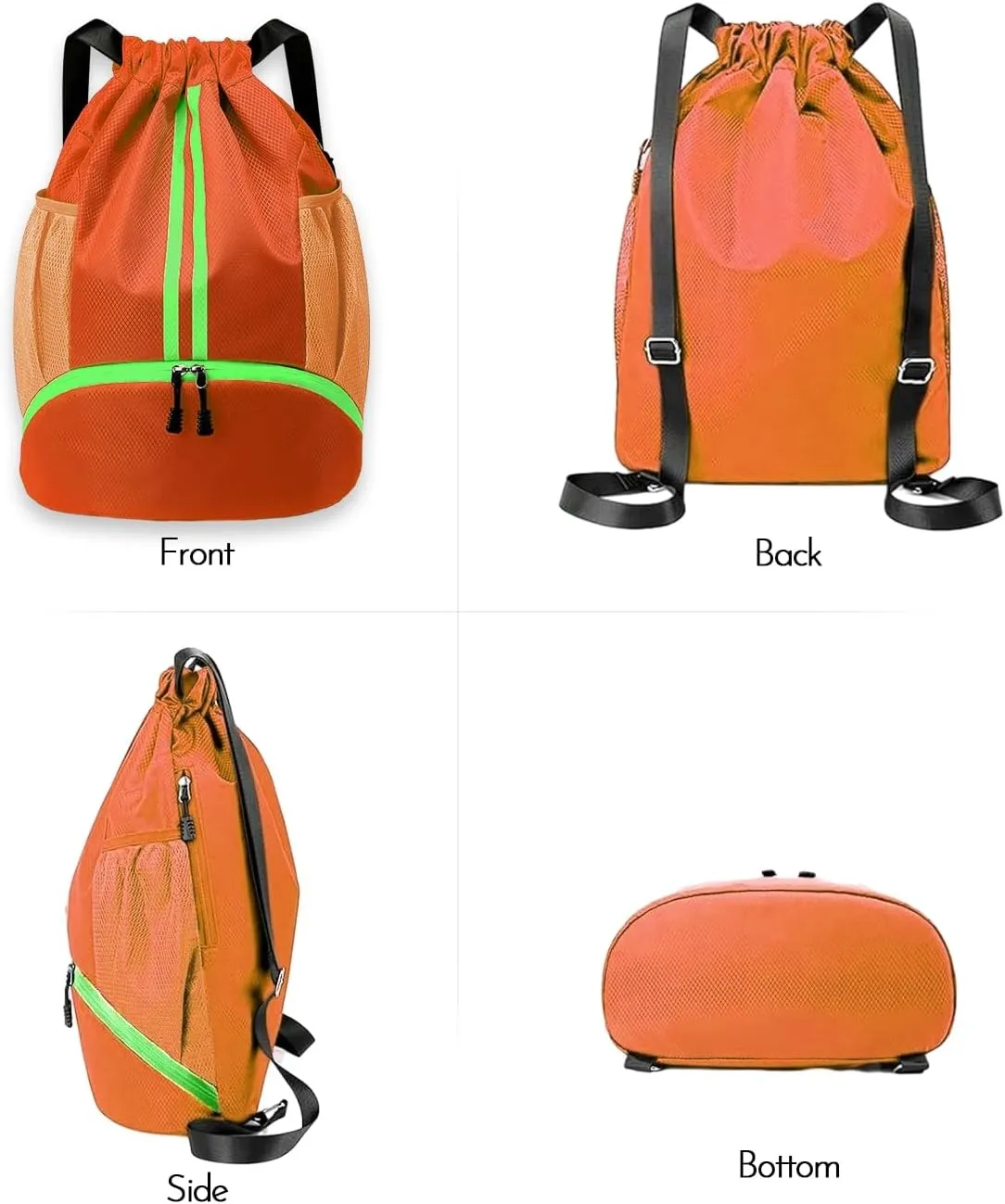Sports Gym Drawstring Backpack with Shoe Compartment, Waterproof Pocket & Water Bottle Holder for Men and Women (Orange)