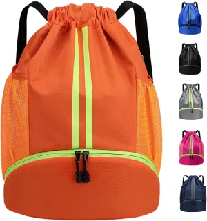 Sports Gym Drawstring Backpack with Shoe Compartment, Waterproof Pocket & Water Bottle Holder for Men and Women (Orange)