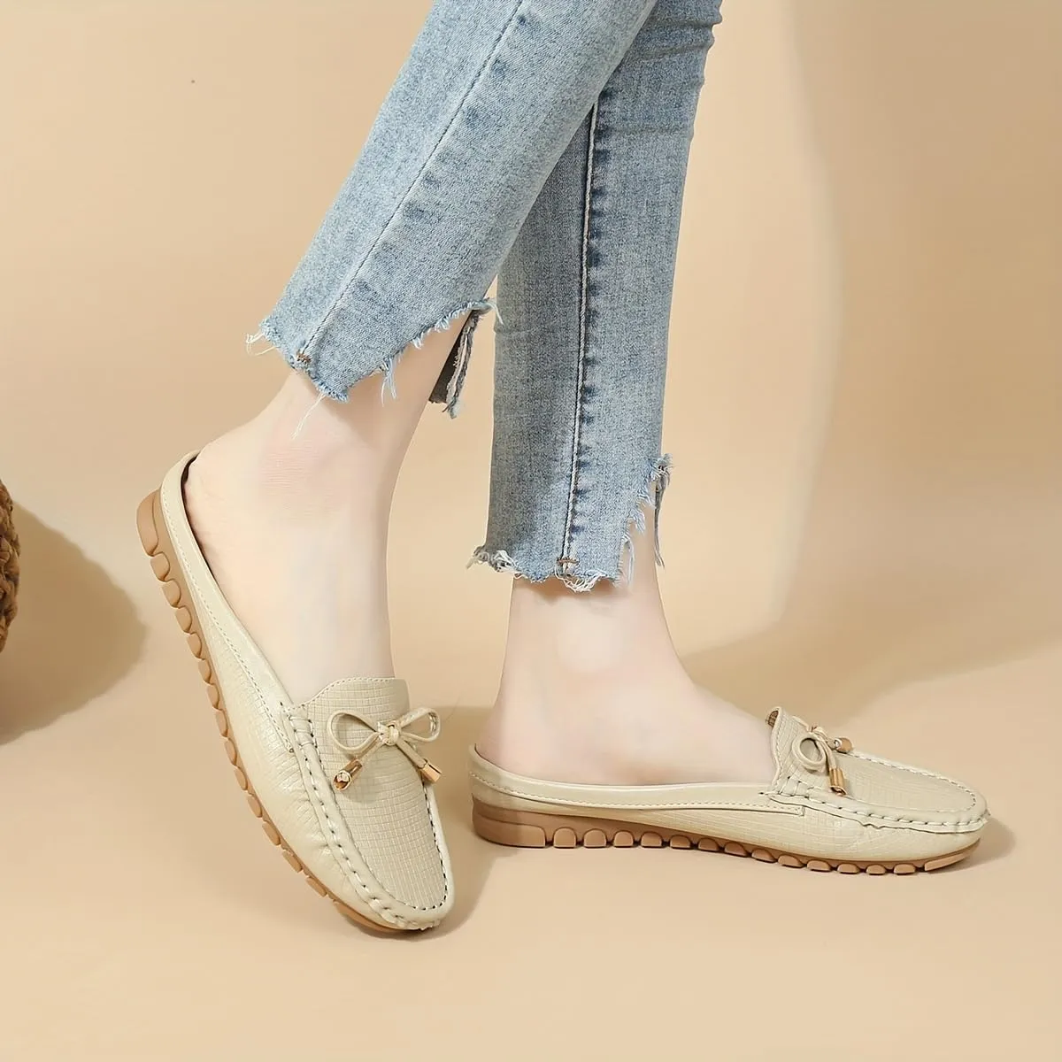Spring And Summer Headless Half-Slippers, Cool Slippers, Ladies' Hand-sewn Bow, Lazy Slip-on Slippers,