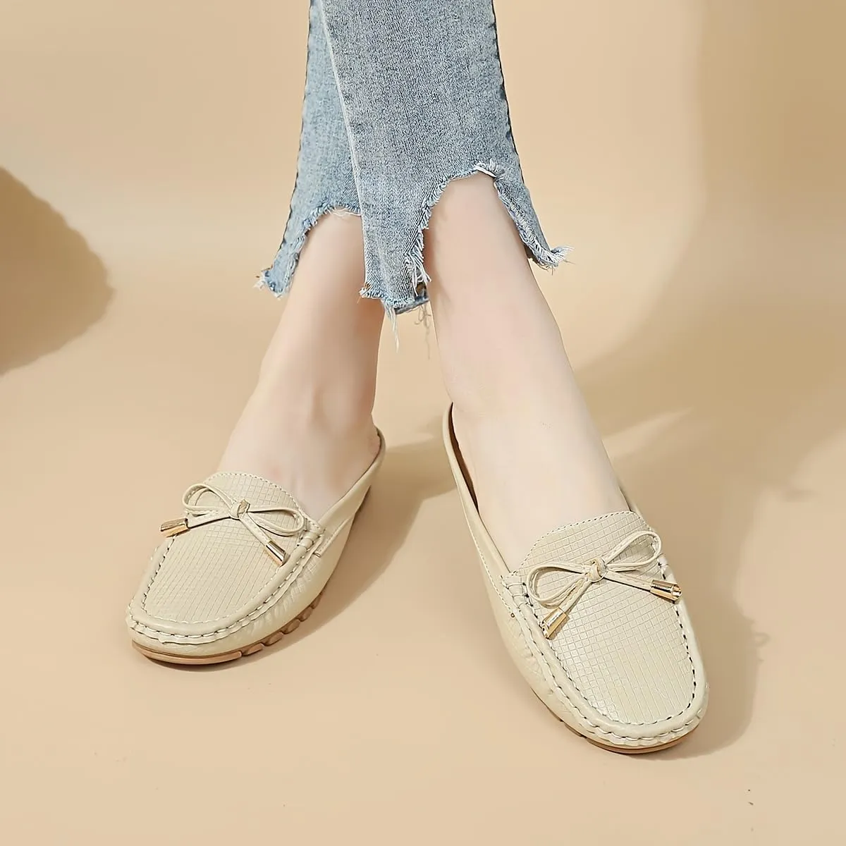 Spring And Summer Headless Half-Slippers, Cool Slippers, Ladies' Hand-sewn Bow, Lazy Slip-on Slippers,