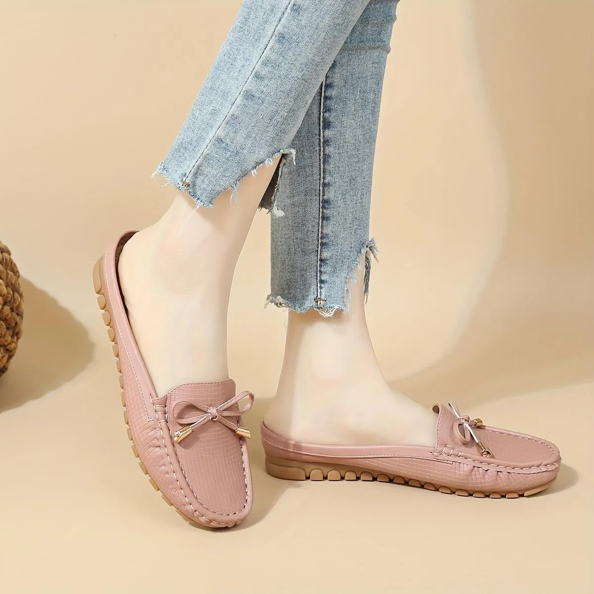 Spring And Summer Headless Half-Slippers, Cool Slippers, Ladies' Hand-sewn Bow, Lazy Slip-on Slippers,