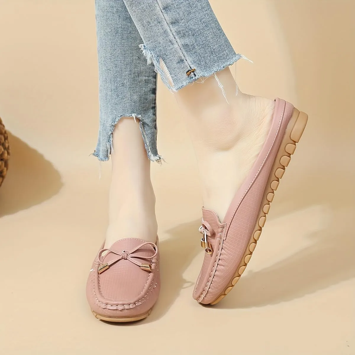 Spring And Summer Headless Half-Slippers, Cool Slippers, Ladies' Hand-sewn Bow, Lazy Slip-on Slippers,