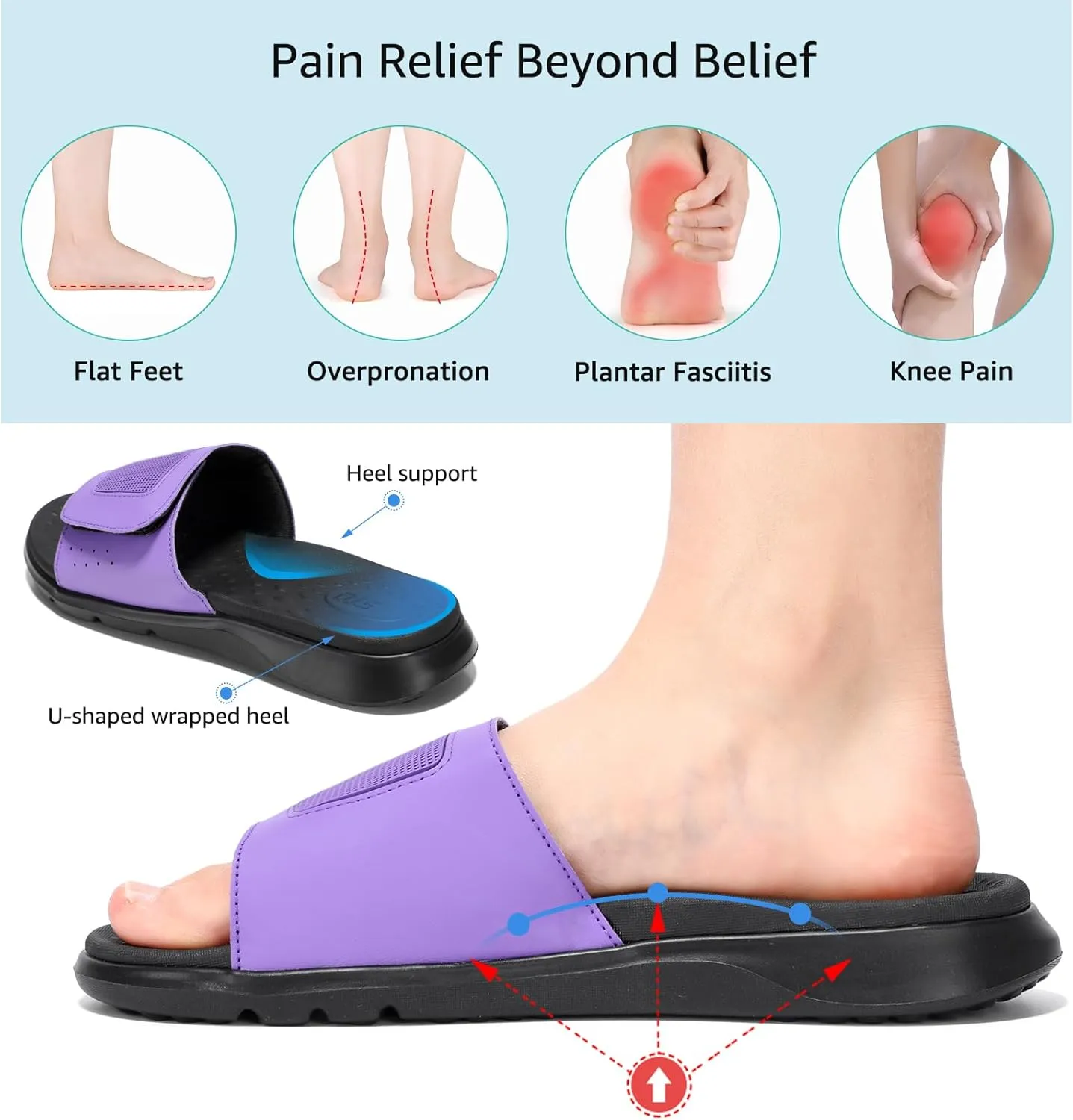 STQ Orthopedic Slides for Womens Arch Support Memory Foam Sandals with Adjustable Hook and Loop for Post Sport Pain Relief