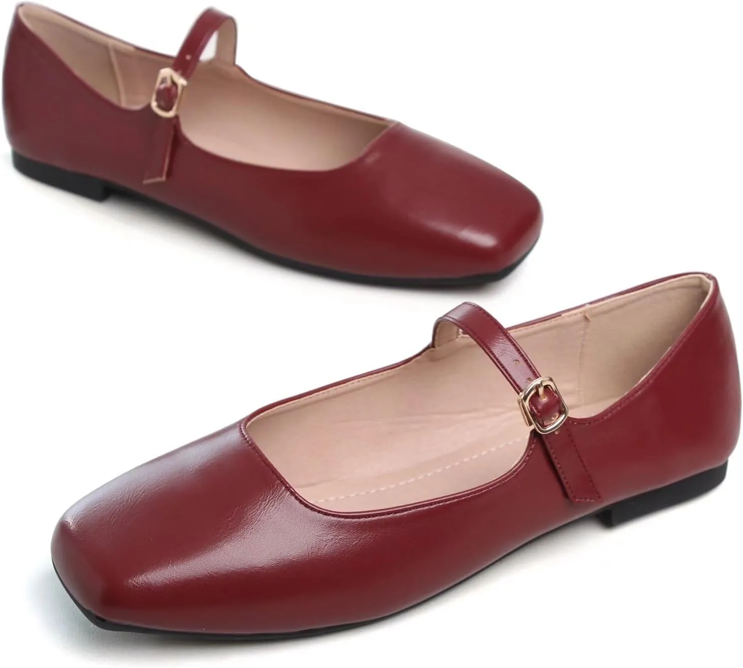 Stunner Mary Jane Square Toe Black Ballet Flats for Women - Comfortable Ankle Strap Casual Slip On Flats