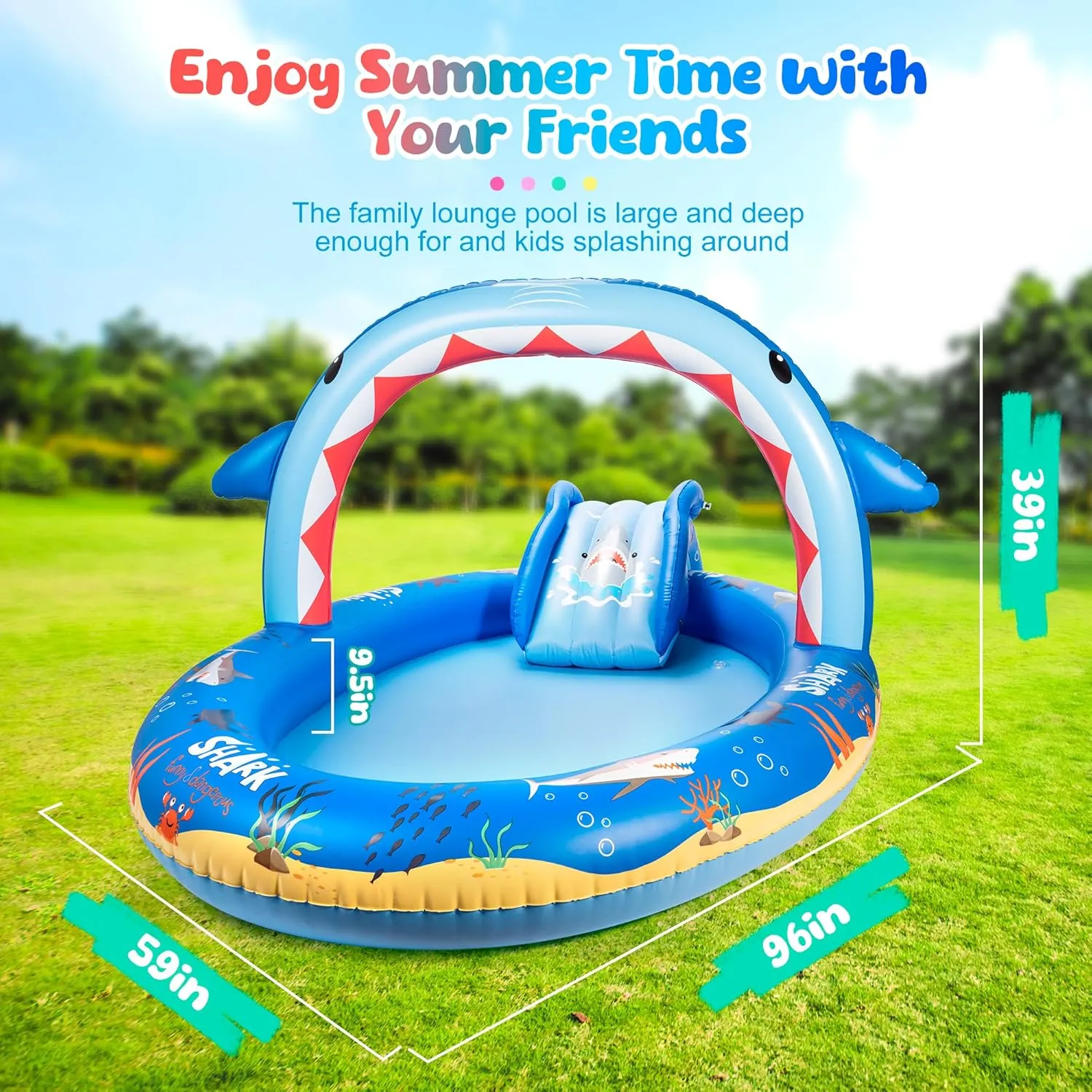SULIFEEL Dinosaurs Inflatable Play Center Kiddie Pool with Slide and Sprinkler for Children, 96''x59''x39'' Baby Pool for Backyard and Garden, Free Inflatable Pump