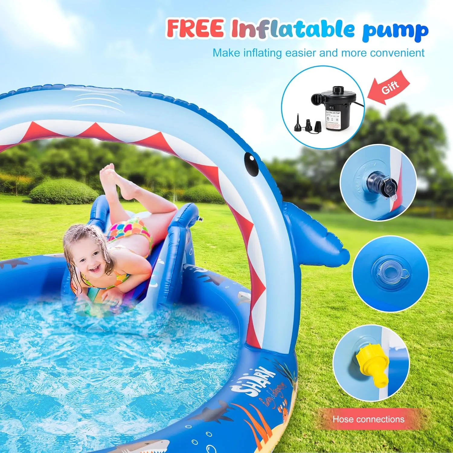 SULIFEEL Dinosaurs Inflatable Play Center Kiddie Pool with Slide and Sprinkler for Children, 96''x59''x39'' Baby Pool for Backyard and Garden, Free Inflatable Pump