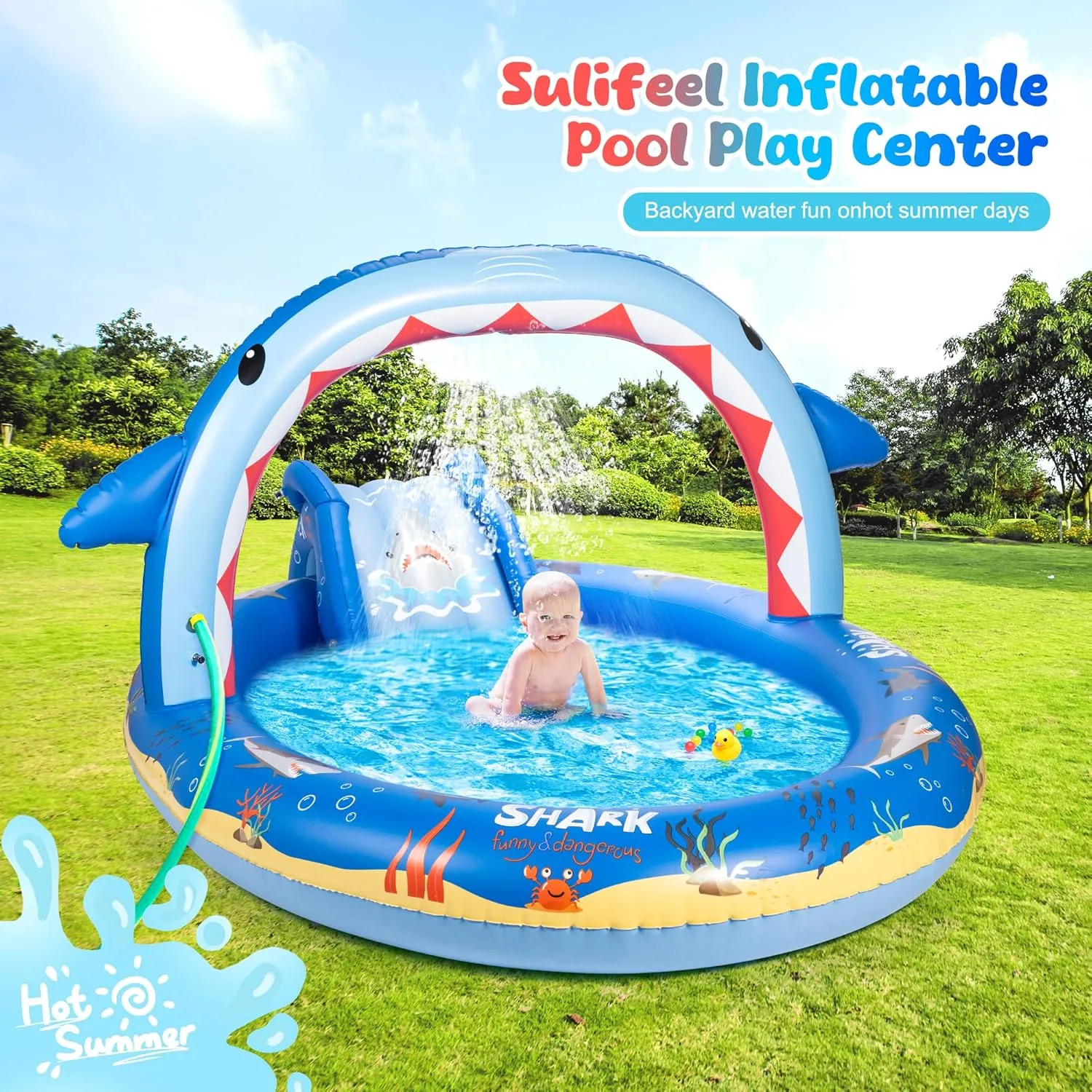 SULIFEEL Dinosaurs Inflatable Play Center Kiddie Pool with Slide and Sprinkler for Children, 96''x59''x39'' Baby Pool for Backyard and Garden, Free Inflatable Pump