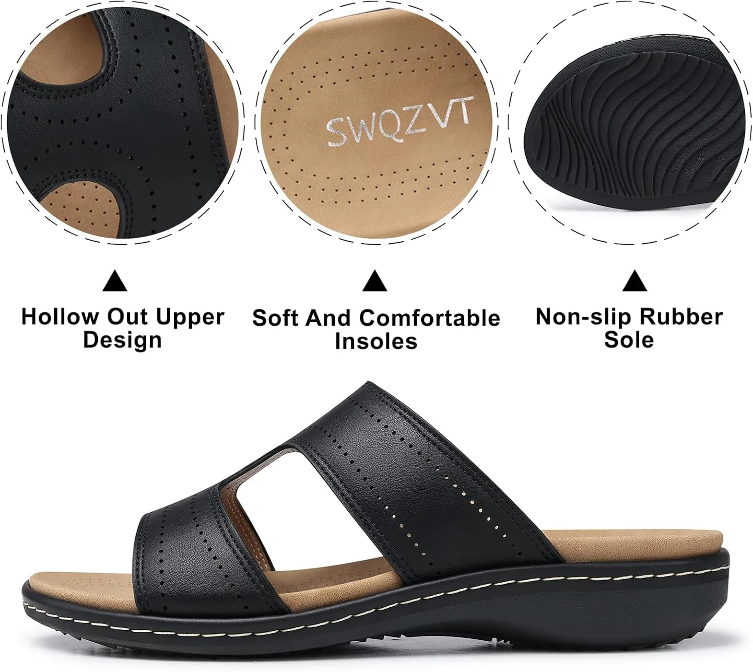 SWQZVT Flat Slides Sandals for Women: Comfortable Arch Support Sandal - Slip On Summer Walking Sandals