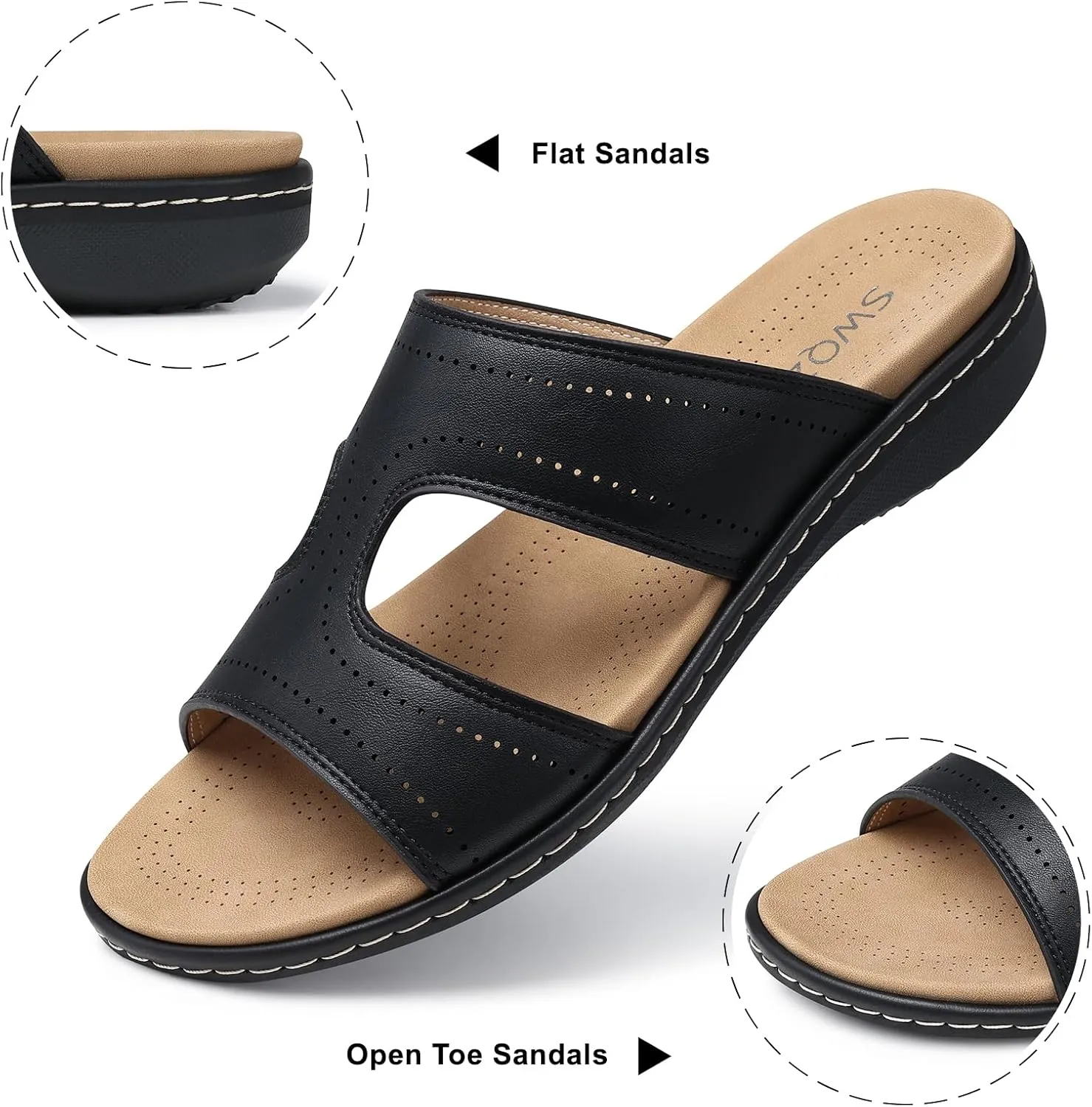 SWQZVT Flat Slides Sandals for Women: Comfortable Arch Support Sandal - Slip On Summer Walking Sandals