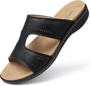 SWQZVT Flat Slides Sandals for Women: Comfortable Arch Support Sandal - Slip On Summer Walking Sandals