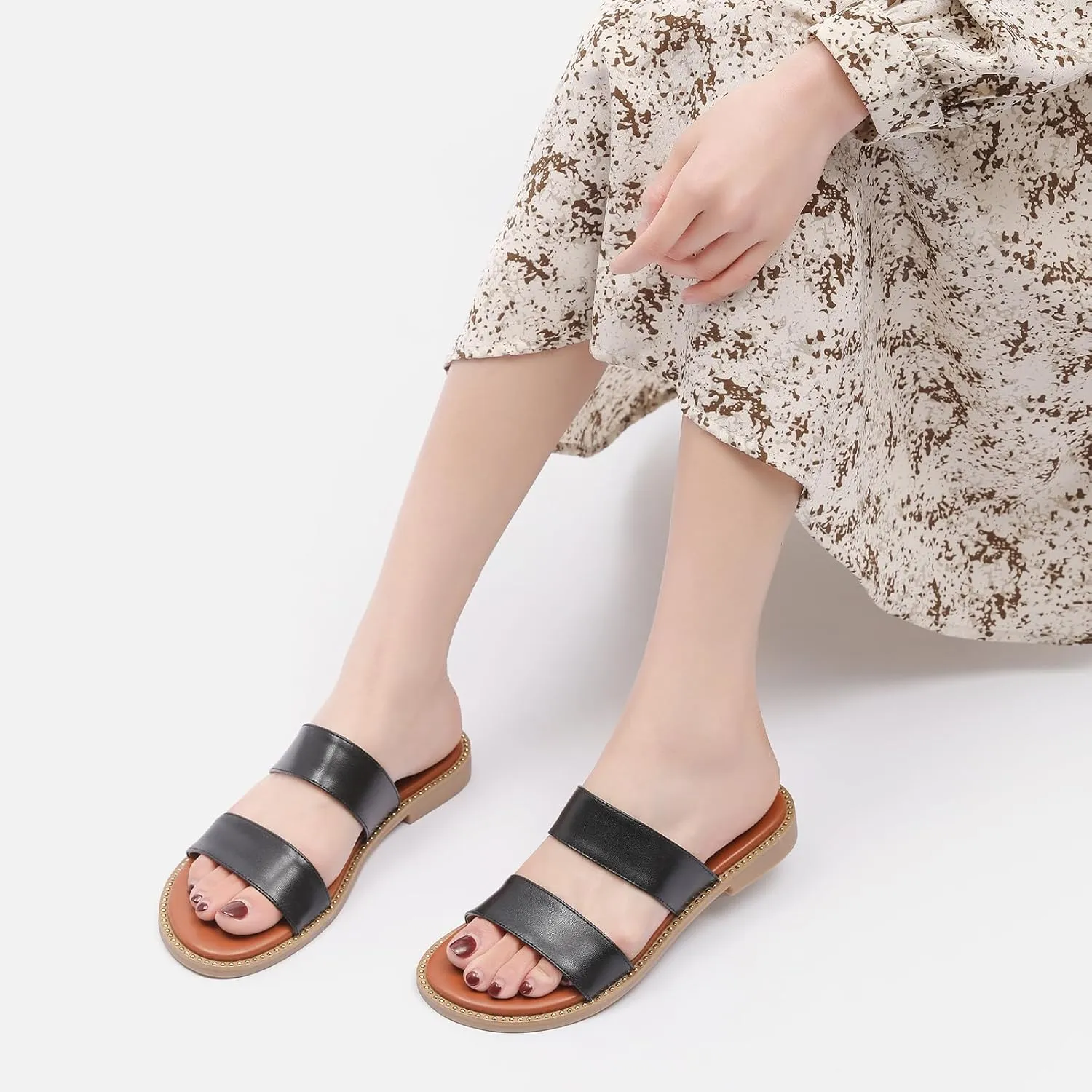Tilocow Women's Flat Sandals with Rivets Inlaid Slip on Sandals Two Strap Casual Summer Slide Shoes