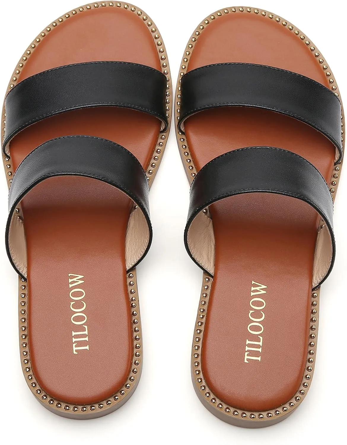 Tilocow Women's Flat Sandals with Rivets Inlaid Slip on Sandals Two Strap Casual Summer Slide Shoes