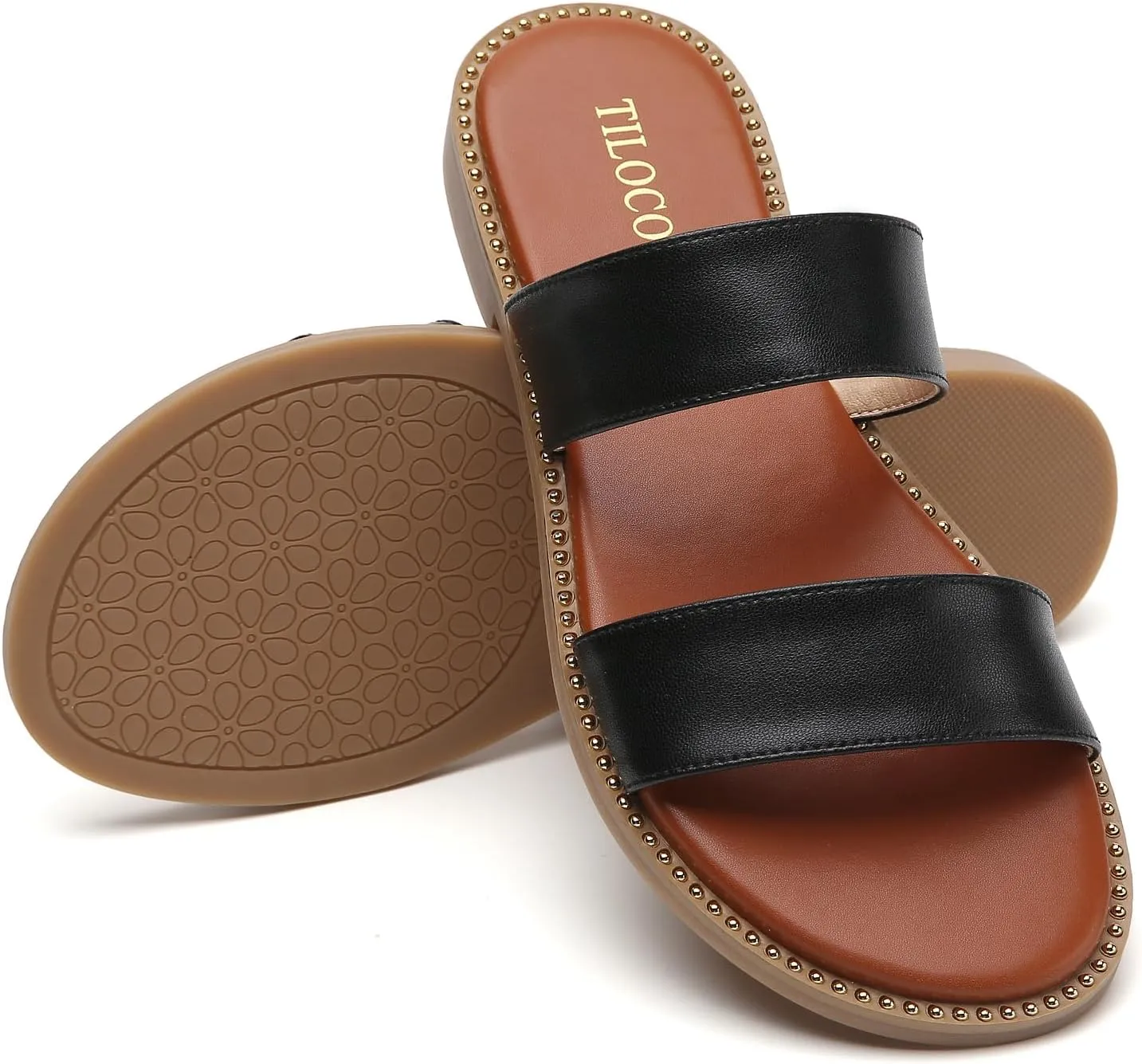 Tilocow Women's Flat Sandals with Rivets Inlaid Slip on Sandals Two Strap Casual Summer Slide Shoes