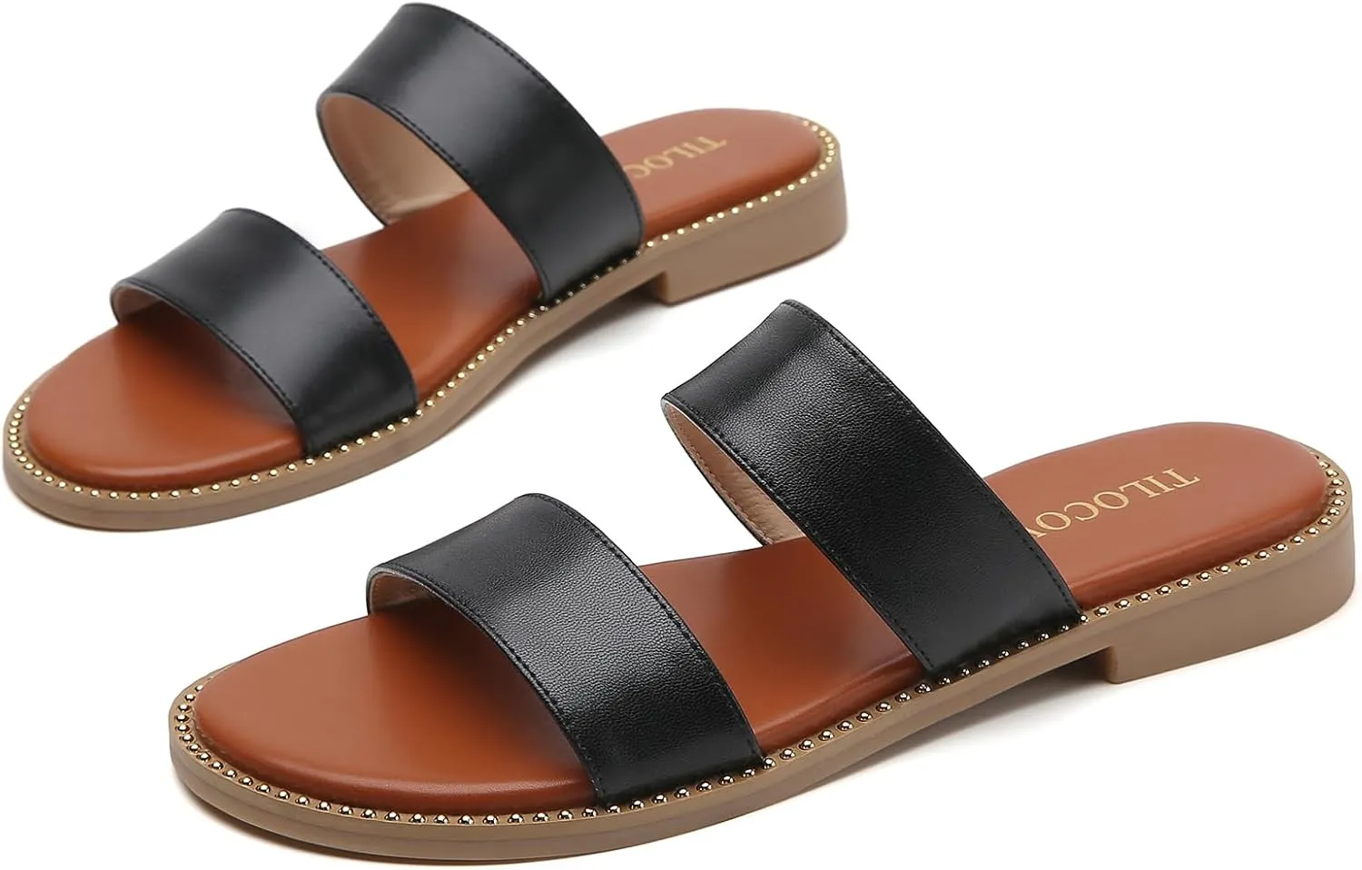 Tilocow Women's Flat Sandals with Rivets Inlaid Slip on Sandals Two Strap Casual Summer Slide Shoes