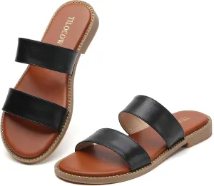 Tilocow Women's Flat Sandals with Rivets Inlaid Slip on Sandals Two Strap Casual Summer Slide Shoes