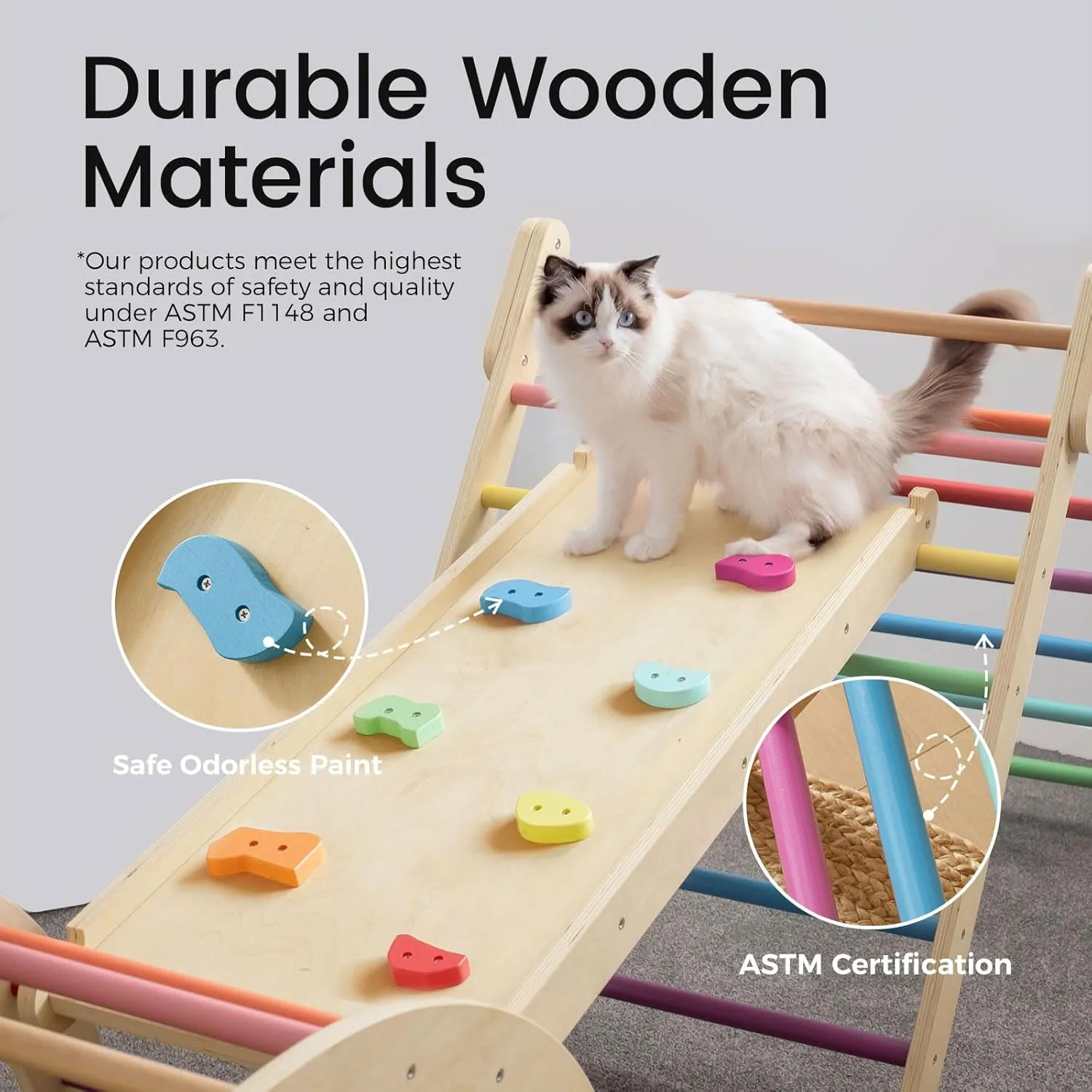 Tiny Land Pikler Triangle Set, 7-in-1 Foldable Pikler Triangle Climbing Toys Set for Kids,Baby Indoor Playground Jungle Gym, Wooden Montessori Climbing Set for Toddler (Rainbow)