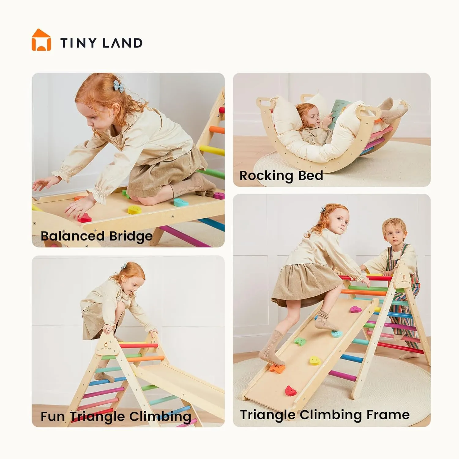 Tiny Land Pikler Triangle Set, 7-in-1 Foldable Pikler Triangle Climbing Toys Set for Kids,Baby Indoor Playground Jungle Gym, Wooden Montessori Climbing Set for Toddler (Rainbow)