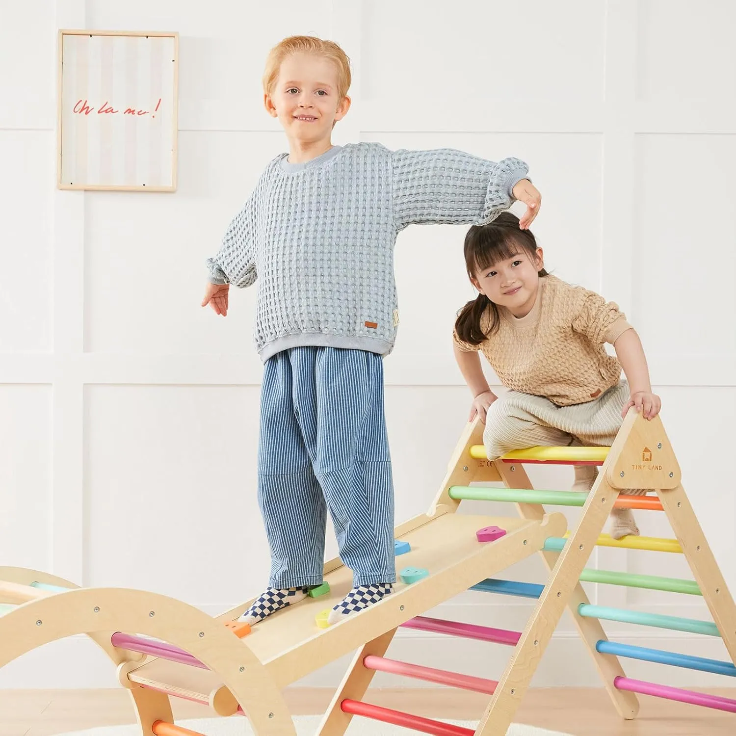 Tiny Land Pikler Triangle Set, 7-in-1 Foldable Pikler Triangle Climbing Toys Set for Kids,Baby Indoor Playground Jungle Gym, Wooden Montessori Climbing Set for Toddler (Rainbow)