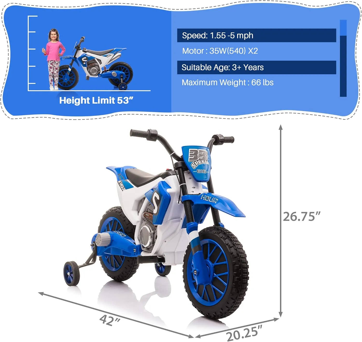 TOBBI Kids Motorcycle Dirt Bike 12V Electric Motorcycles Ride on Toys Battery Powered Motorbike Off-Road Motocross for Toddler Boys Girls 3 Years w/ 2 Speeds, 35W Dual Motors, Training Wheels, Blue