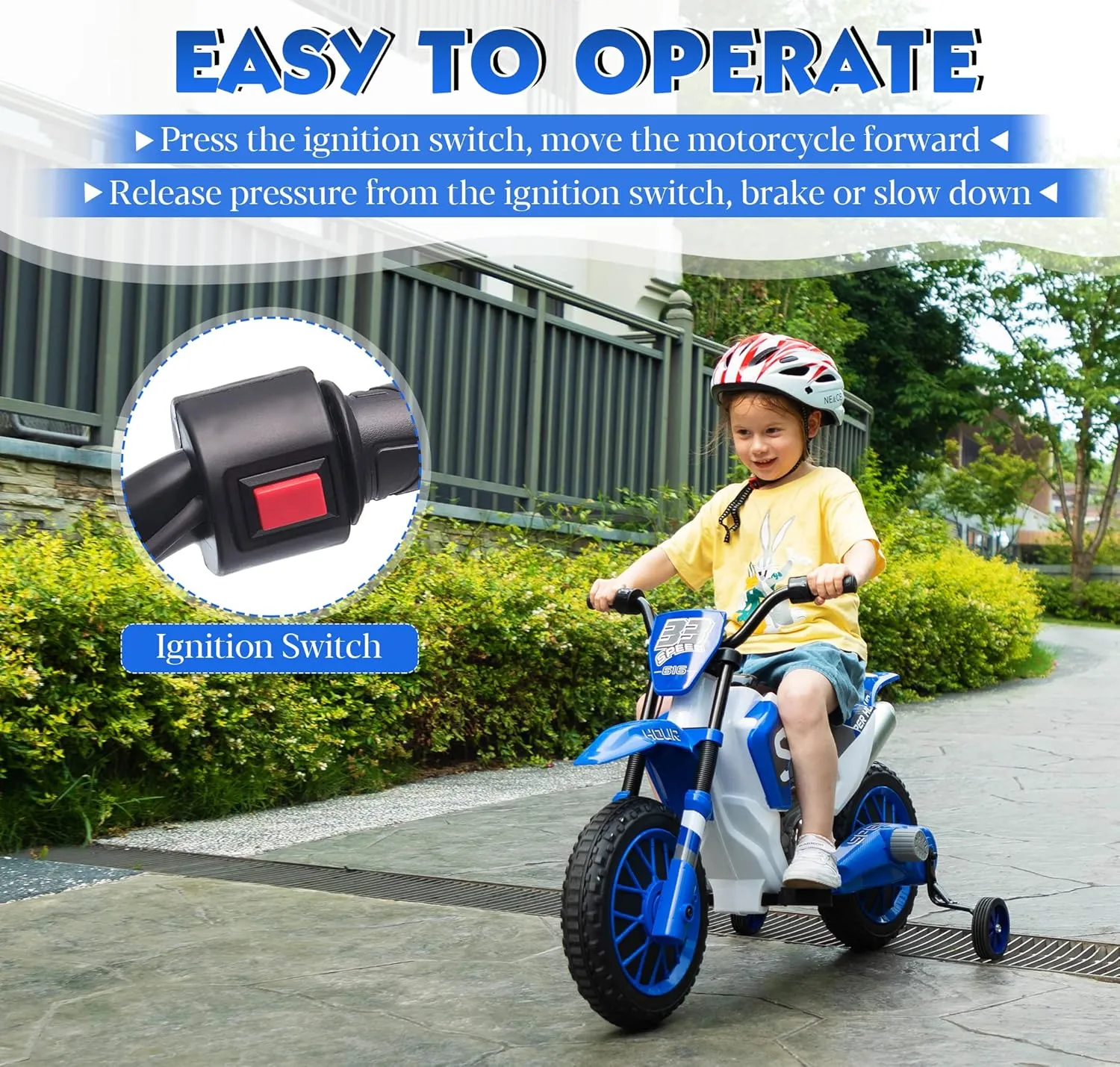 TOBBI Kids Motorcycle Dirt Bike 12V Electric Motorcycles Ride on Toys Battery Powered Motorbike Off-Road Motocross for Toddler Boys Girls 3 Years w/ 2 Speeds, 35W Dual Motors, Training Wheels, Blue