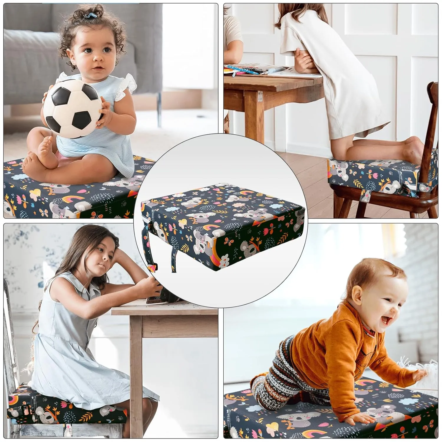 Toddler Booster Seat for Dining Table, Washable Thick Strong Support Portable Booster Chair for Toddlers Eating, Easy Cleaning Booster Seat Cushion Detachable with Fix Straps (Larger, 14.2*12.6*3.6in)
