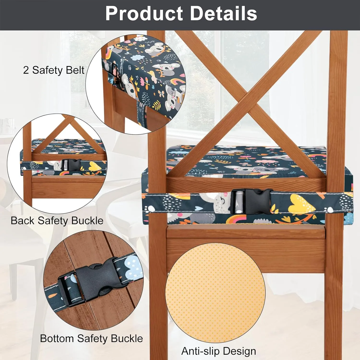 Toddler Booster Seat for Dining Table, Washable Thick Strong Support Portable Booster Chair for Toddlers Eating, Easy Cleaning Booster Seat Cushion Detachable with Fix Straps (Larger, 14.2*12.6*3.6in)