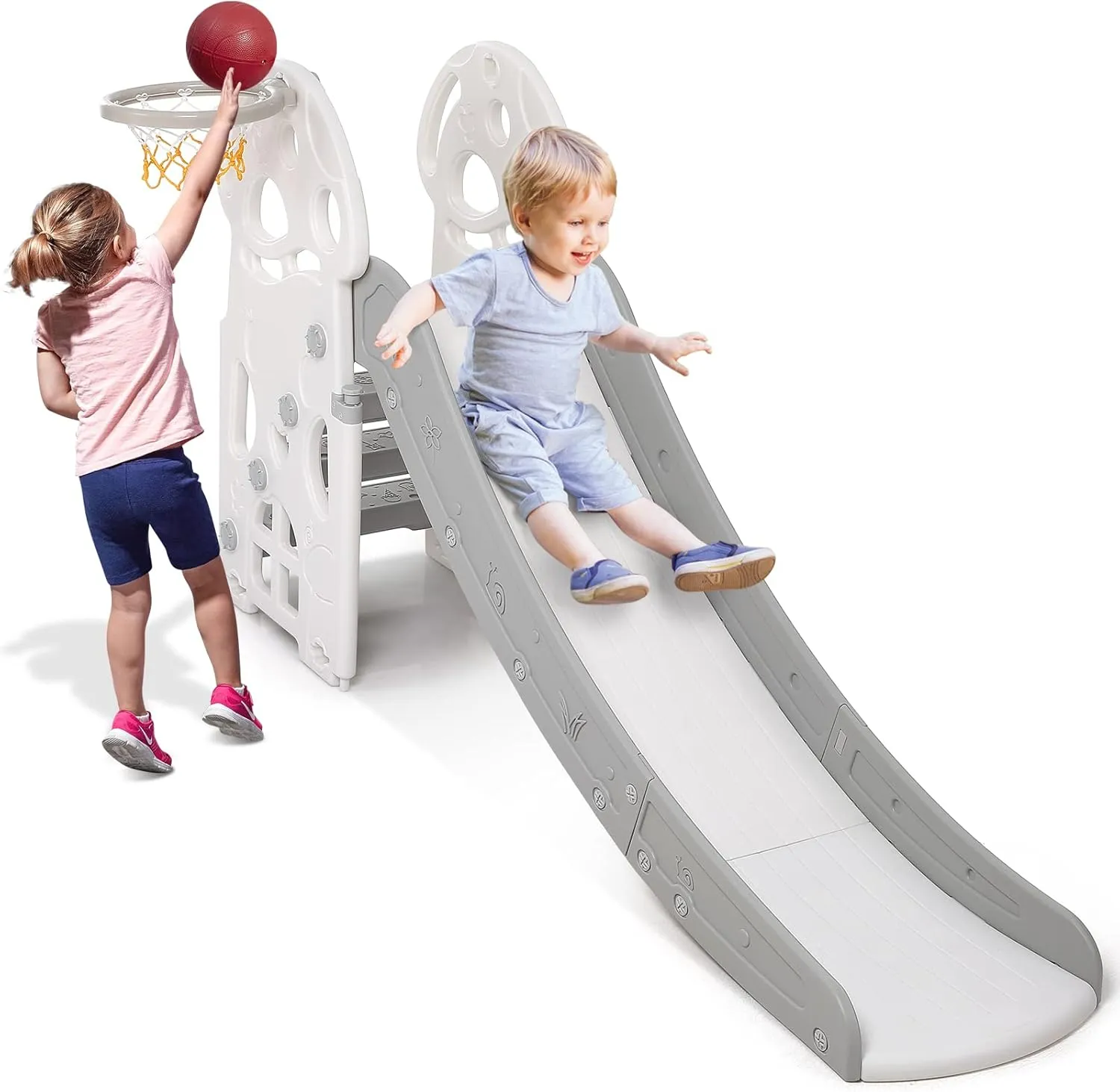 Toddler Slide - 4 in 1 Slide for Kids with Extra Long Slipping Slope and Basketball Hoop, Kids Slide Climber Set for Indoor and Outdoor Playground, Ideal Gift for Ages 1-9 Years Boys and Girls (Grey)