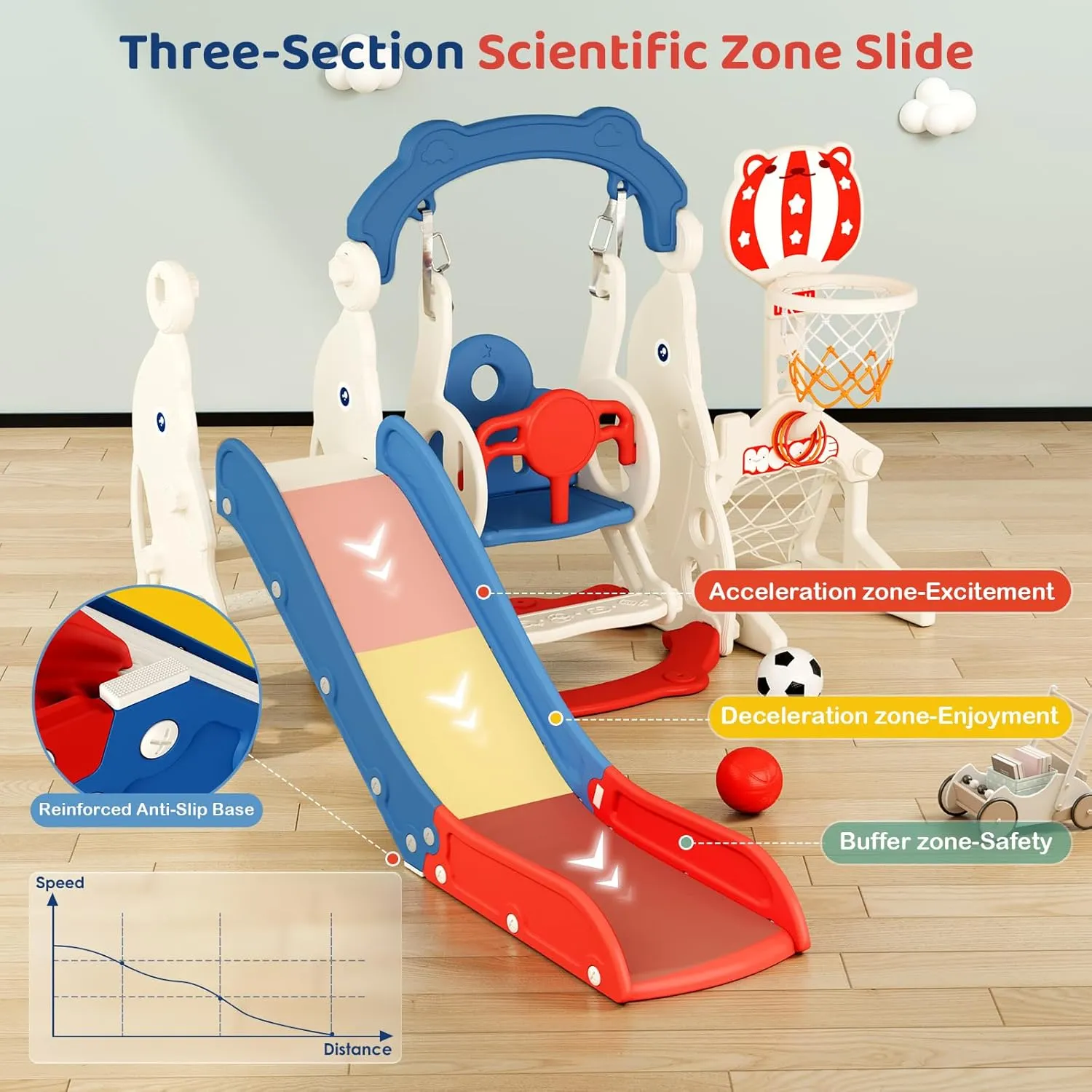 Toddler Slide, 6 in 1 Toddler Playset - Upgrade with Kids Slide, Swing, Soccer and Ring Toss for Age 1-3, Indoor and Outdoor Playground